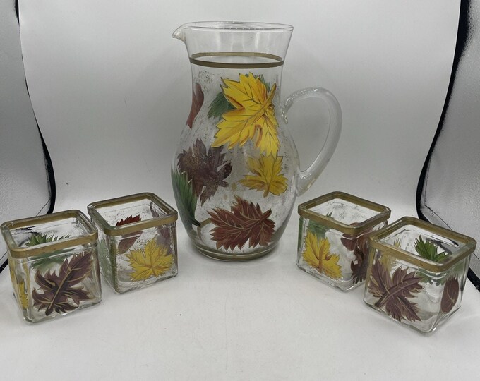 Vintage Mid Century Hand Painted Glass Pitcher Set | 4 Square Glasses | Fall Leaves Glitter Design | MCM Barware | Unique Retro Drinkware