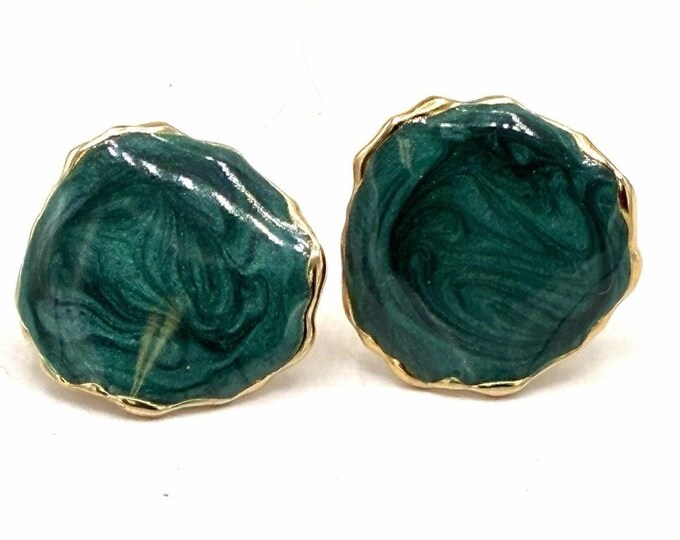 Vintage Teal Green Swirl Enamel Round Earrings Gold Tone Scalloped Edge Post