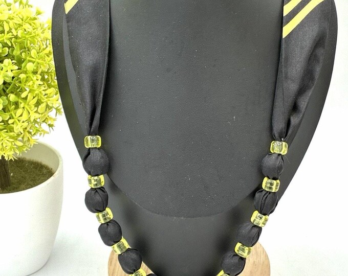 Vintage Hong Kong Fabric Wrapped Bead Necklace Black Yellow Statement