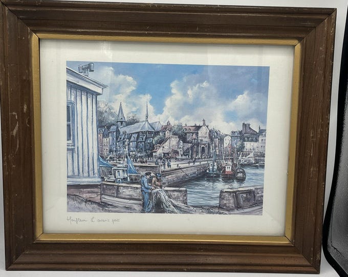 Framed Vintage Brunet Print Titled HONFLEUR- L’Avant - Port French Harbor 14”x17