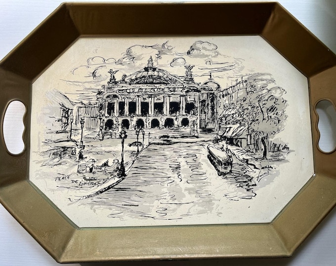 Vintage MCM Hand Painted Serving Tray 18x13 Paris France Place De L’Opera Signed