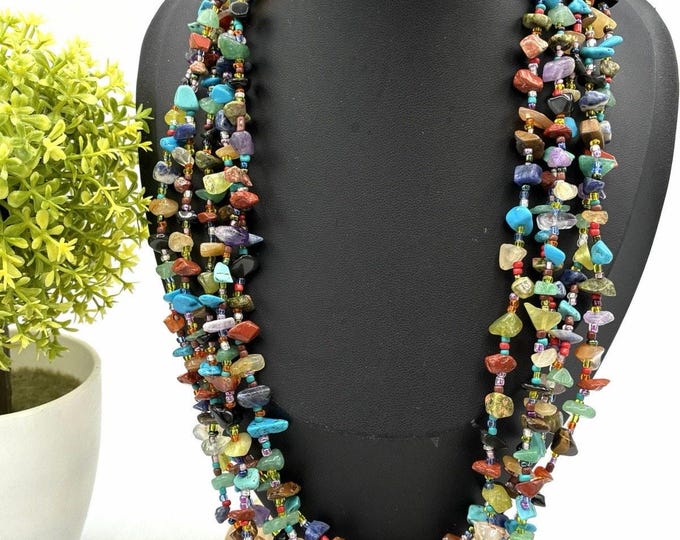 5 Strand Gemstone Chip Necklace Multicolor Stone Beaded Boho Statement Jewelry