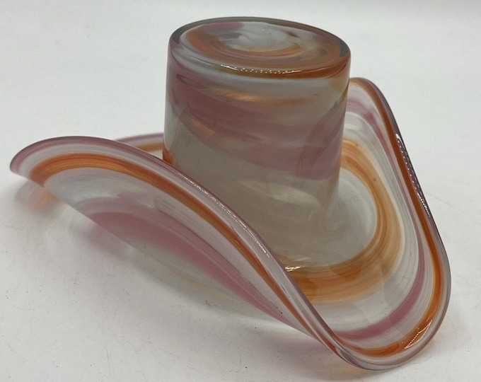 Vtg Striking Hand-Blown Art Glass Cowboy Hat in Swirled Red, Orange & Pink~Nice!