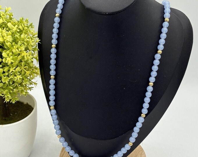 Vintage Periwinkle Blue Lucite Bead Necklace Gold Accents Screw Clasp 24”