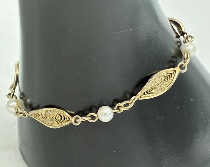 12K Gold Filled Filigree Leaf Cultured Pearl Station Bracelet 1/20 12KGF