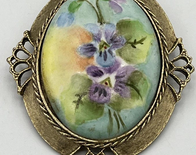 Victorian Gold Gilded Hand Painted Purple Yellow Flower Porcelain Brooch Pin 73
