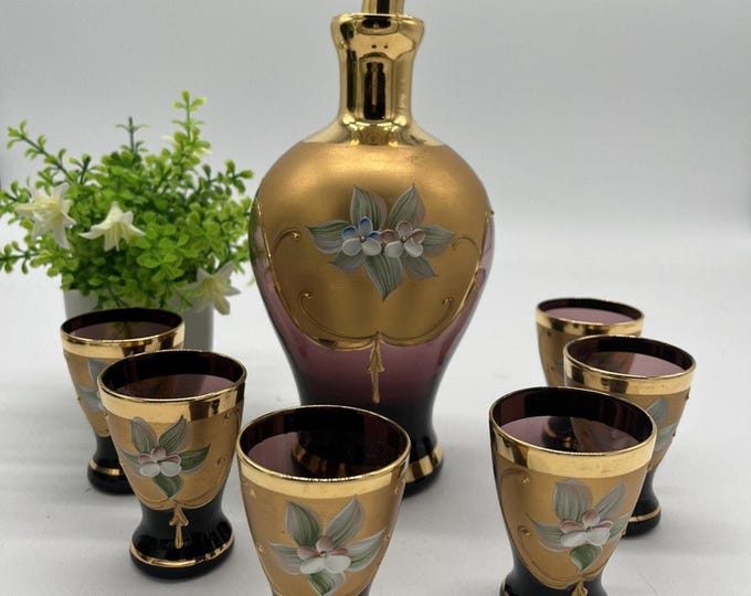 Venetian Murano ? Amethyst Set Decanter W/6 Glasses Painted 24K Gold And Enamel