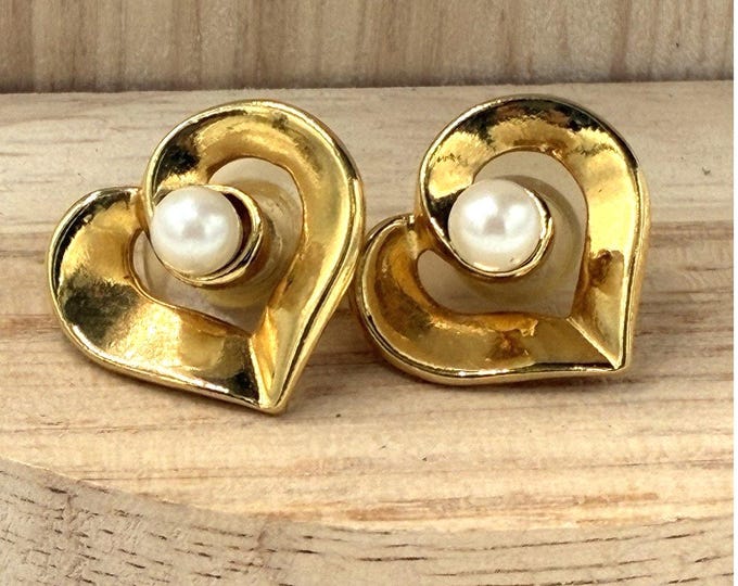 Vintage Gold Tone Open Heart Faux Pearl Center Post Earrings Removable Stud