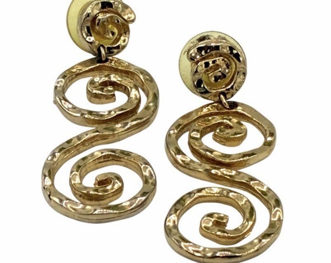 Vintage Gold Tone Hammered Double Spiral Swirl Dangle Earrings 2 Inch Bold