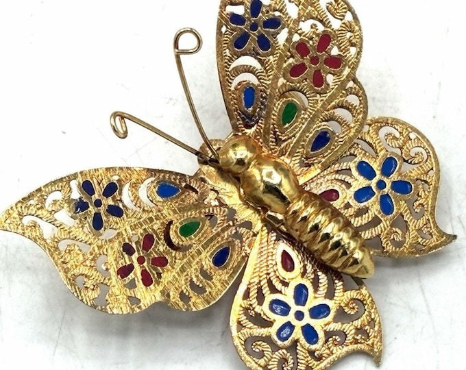 Vintage Filigree Butterfly Brooch Colorful Enamel Gold Tone Floral Pin 1.5”