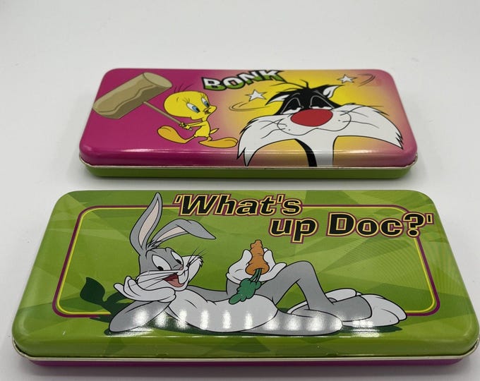Vtg Lot Of 2 98’ Looney Tunes Bugs Bunny Tin Pencil Cases Tweetie Bird Sylvester