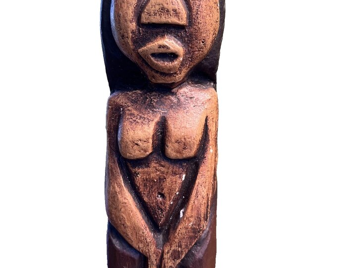 Vintage Signed Tribal Female Figure Chalkware Folk Art Sculpture Primitive 8 in