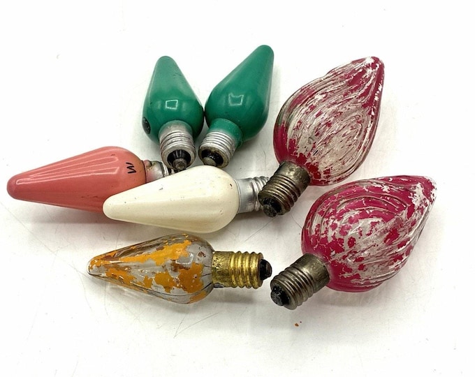 Lot 7 Vintage Christmas Bulbs Japan Crackle Finish C6 Green Pink White Amber