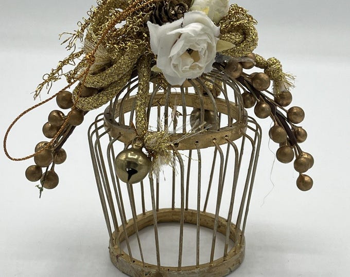 Vintage Birdcage Christmas Ornament 4” Gold Metal Floral Bell Pinecone Decor