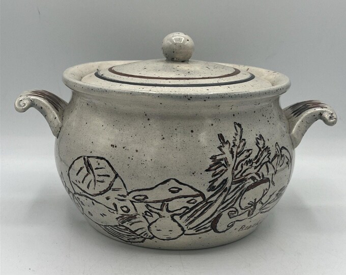 Vintage Bean Pot With Lid Handles Handmade and Hand Painted Stoneware Signed Beechy