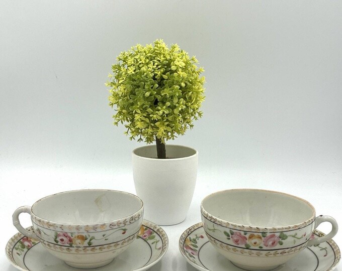 Antique Hand Painted Nippon Tea Cups & Saucers Set of 2 Floral Gold Trim Japan