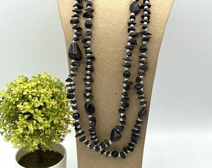 Black Natural Stone Chip Necklace 22” Silver Beads Double Strand Made India