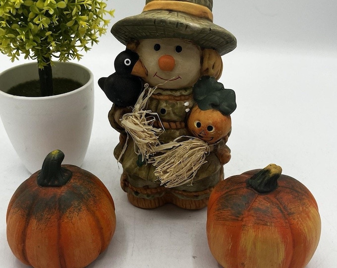 Vintage Fall Folk Art Scarecrow Crow Pumpkin Ceramic Figurine Lot of 3
