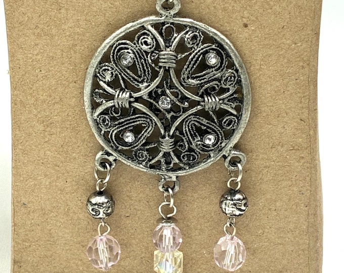 Silver Tone Filigree Medallion Necklace Pink Bead Dangles Long Pendant 24 Inch