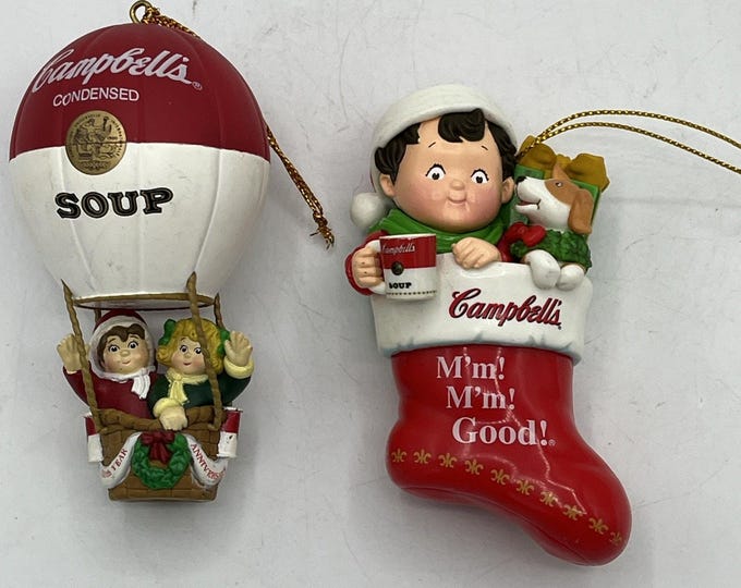 Lot Of 2 Vtg Campbell’s Soup M’m M’m Good Christmas Tree Ornament Stocking 97 01