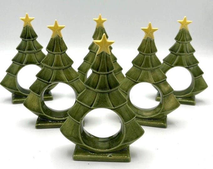 Vintage 1982 Ceramic Christmas Tree Napkin Rings Set of 5 Green Glazed Signed EF