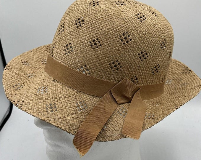 Vtg Beige Natural Straw Fedora Bowler Hat Diamond Cutouts OS Tan Band Accent