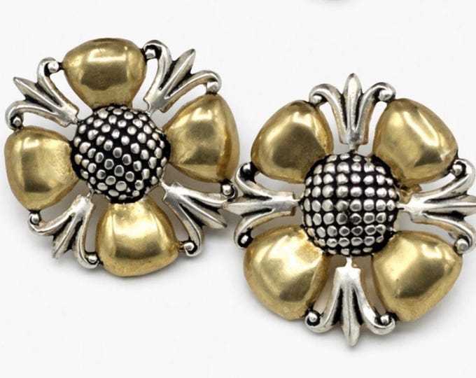 Vintage 1989 Signed Clip Earrings Mixed Metal Flower Gold Silver