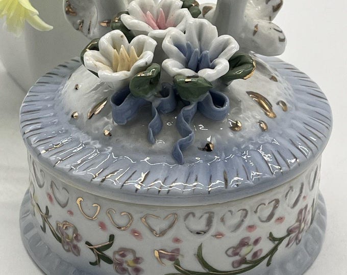 Porcelain Blue Floral Trinket Box – Doves & Raised Flowers – Jewelry Holder