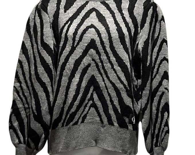 Calvin Klein Mock Neck Sweater • Gray & Black Zebra • Balloon Sleeves • Women’s M