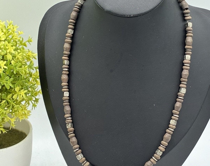 Vintage Wood Stone Bead Necklace Silver Tone Engraved Metal Spacers 16 Inch