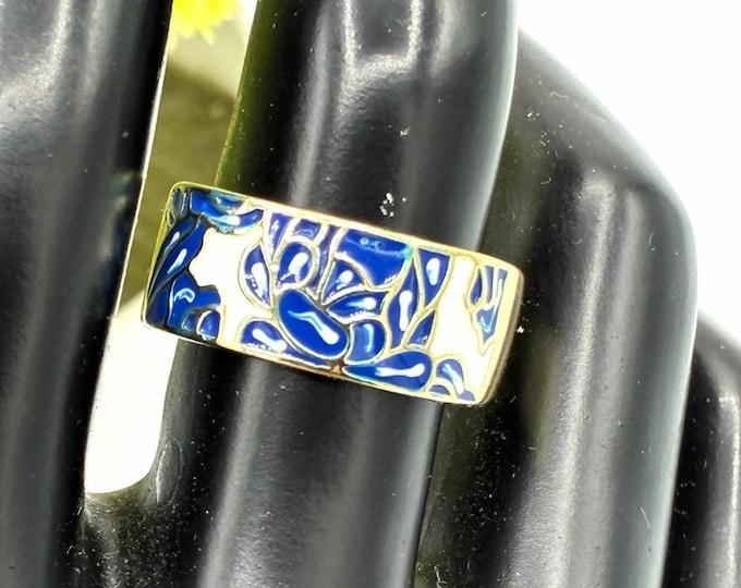 Vintage Cloisonné Enamel Band Ring Blue & White Floral Size 8.5