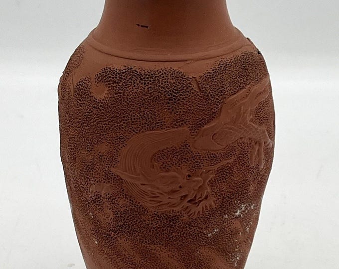 Vintage Tokoname Style Red Clay Jar Vase 3 Toed DRAGON IN CLOUD Relief Japanese