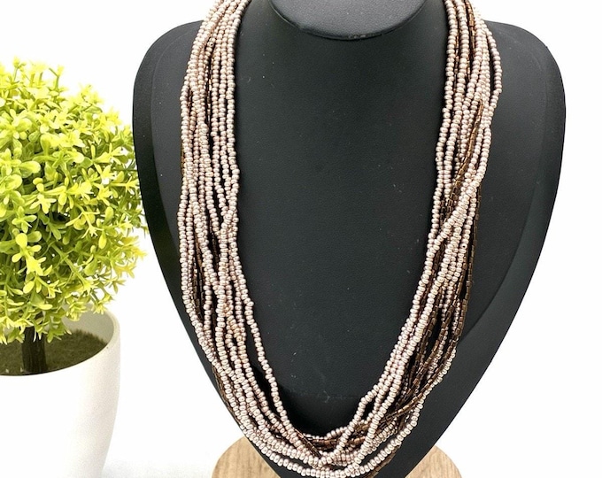 18” Multi Strand Seed Bead Necklace Bronze Blush Metallic Statement Jewelry