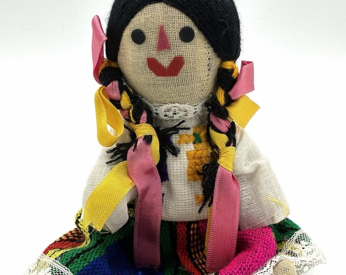 Vintage Traditional Mexican Folk Art Tela Doll Handmade Fabric Toy 7 Inch