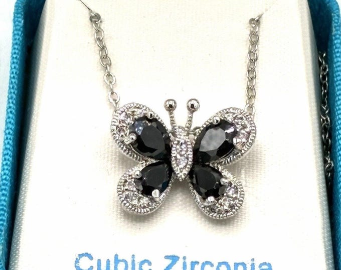 Black Cubic Zirconia Butterfly Necklace 17” Silver Tone CZ Gift Box