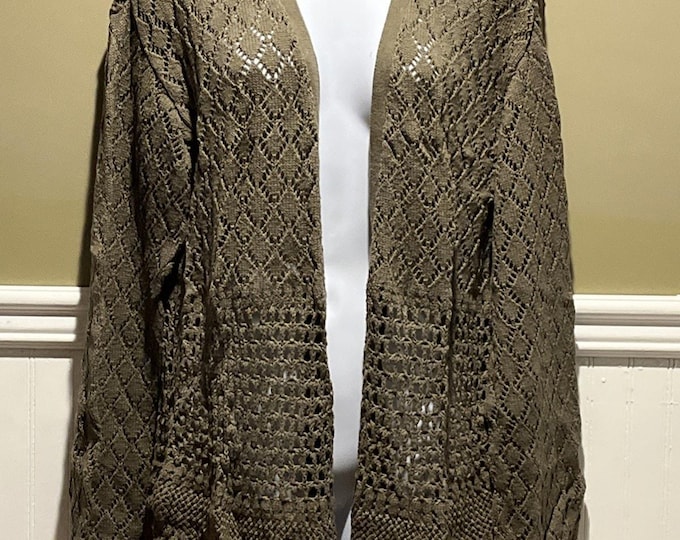 INC Olive Green Crochet Cardigan – Open Cotton Knit Women’s Medium