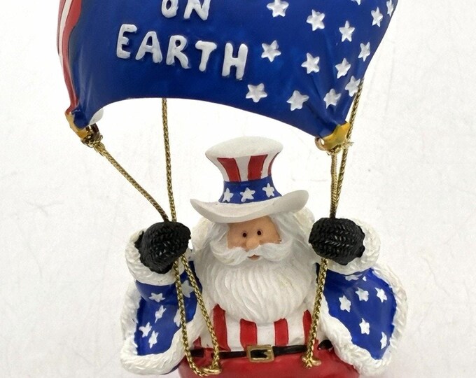Lenox 2002 Patriotic Santa Parachute Peace on Earth Christmas Ornament USA Flag