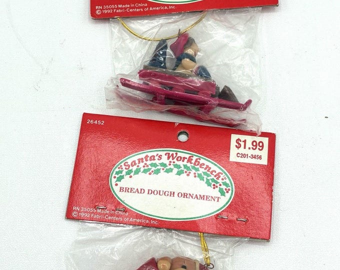Vintage 1992 Santas Workbench Bread Dough Christmas Ornaments Bear Sled Lot of 2