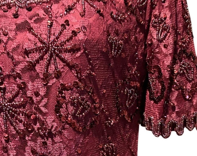 Vintage SCALA Burgundy Sequin Beaded Dress – Lace Sleeve Evening Gown – Women’s S