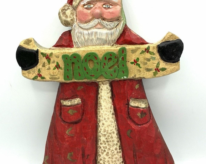 Folk Art Hand Carved Wood Santa Noel Sign Wall Hanging Vintage 13”