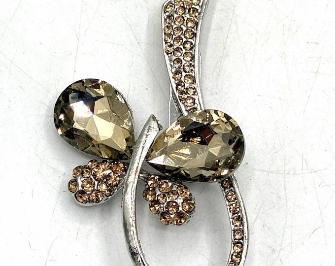 Butterfly Brooch Champagne Rhinestone Crystal Silver Tone 3” Statement Pin