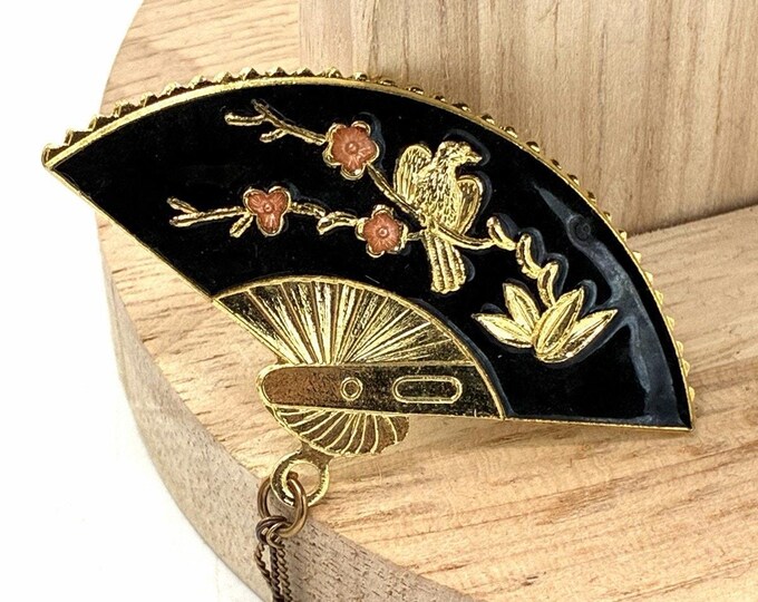Vintage Black Enamel Asian Fan Brooch Gold Tone Bird Cherry Blossom Tassel Pin