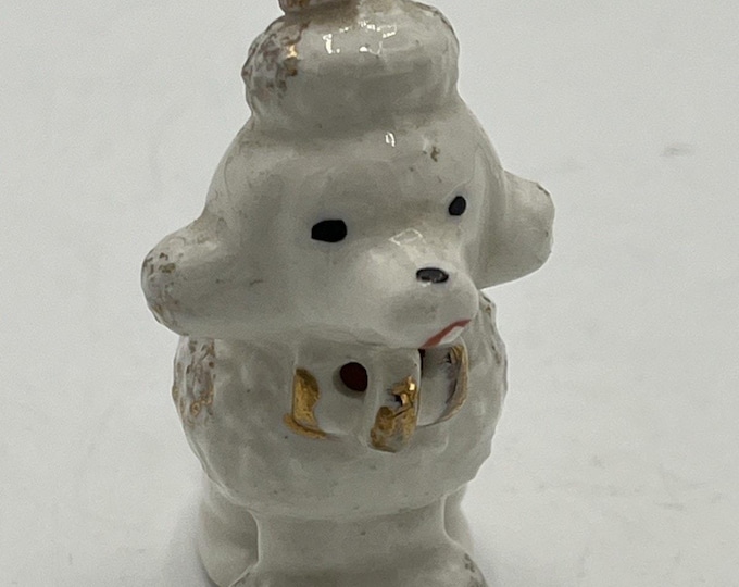 Vintage MCM Porcelain Poodle Figurine White 2.5”T Rose On Head