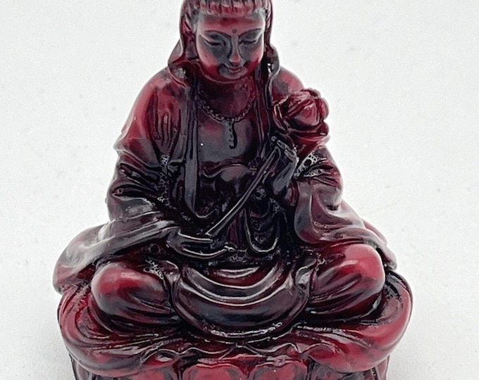 Vintage Mini Quan Yin Kuan Yin Red Resin Statue Lotus Seat Meditation Altar 2"