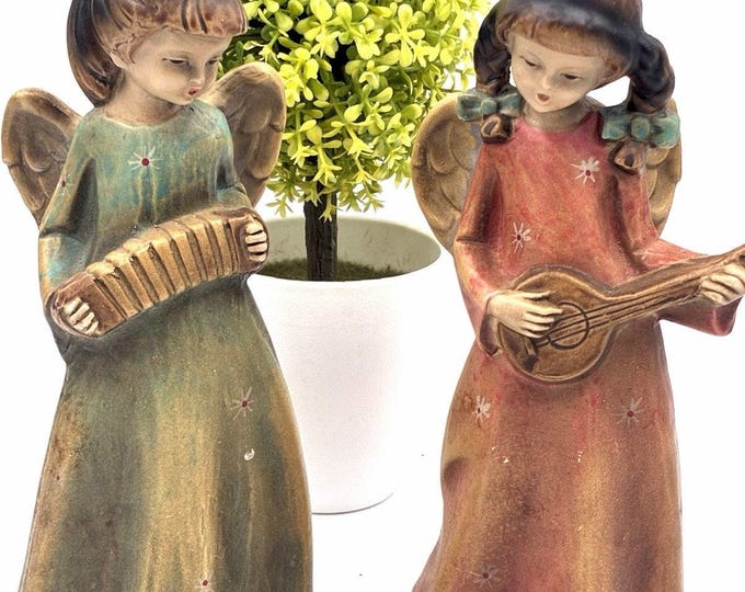 Vintage Musical Angel Figurines – Accordion & Mandolin Plaster Pair 6”