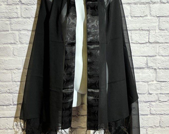 Vintage Black Sheer Shawl Wrap Seahorse Border Fringe Evening Scarf