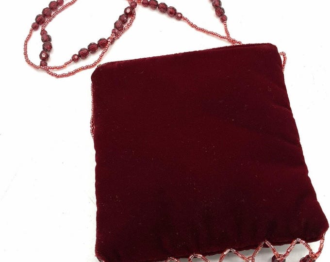 Red Velvet Beaded Evening Bag Purse Crystal Holiday Party Crossbody New 5”x6”