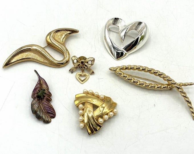 Vintage Brooch Lot of 6 Gold Silver Tone Swan Heart Leaf Pearl Statement Pins