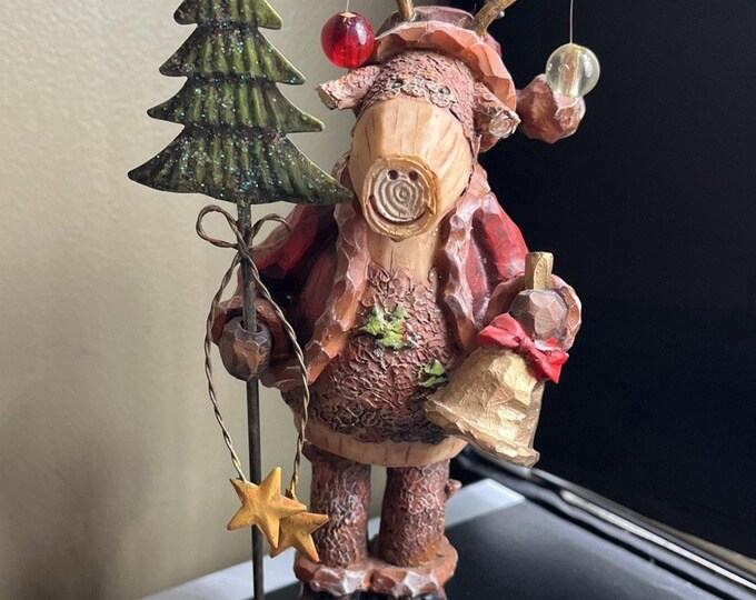 Darice Rustic Resin Moose Santa Christmas Figurine 8.5" Carved Wood Look Decor