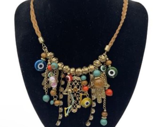 Vintage Boho Hamsa Hand Evil Eye Charm Necklace 26" Mixed Bead Cord New Age